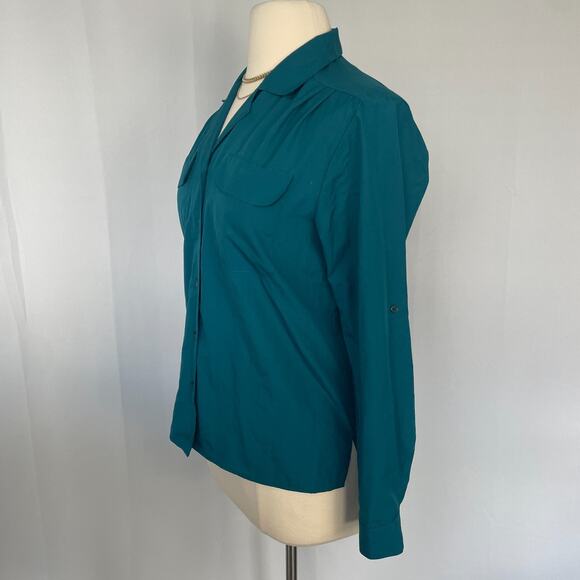 Vintage Blouse Top Size 14 Teal Blue Minimal Long Sleeve Button Office 80s 90s - Picture 5 of 11